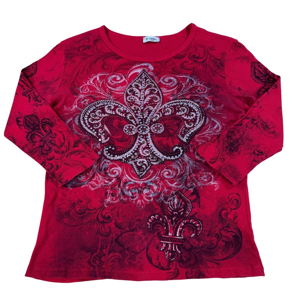 Y2K Cactus Rhinestone Fleur De Lis Graphic Ribbed 3/4 Sleeve S Whimsical Grunge